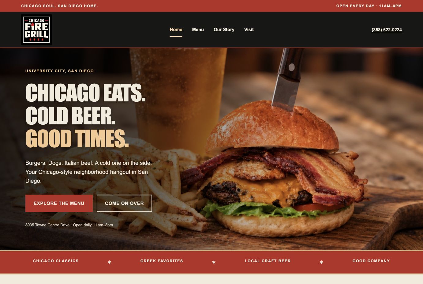 Current Chicago Fire Grill website on desktop