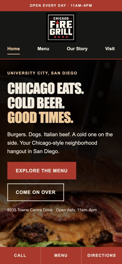 Chicago Fire Grill: actual mobile homepage