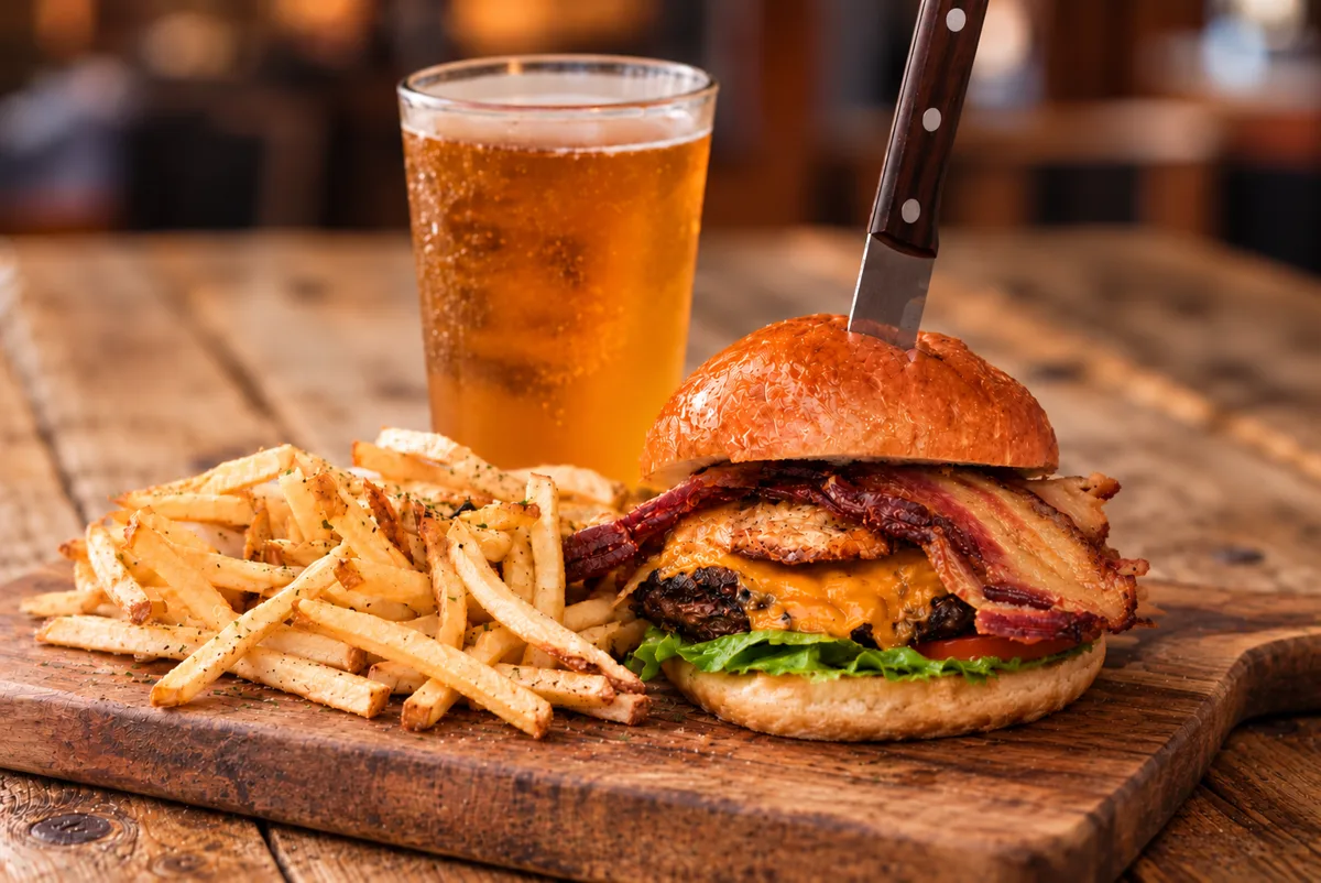 Breakfast in America burger with fried egg, bacon, cheddar, fries and a cold beer