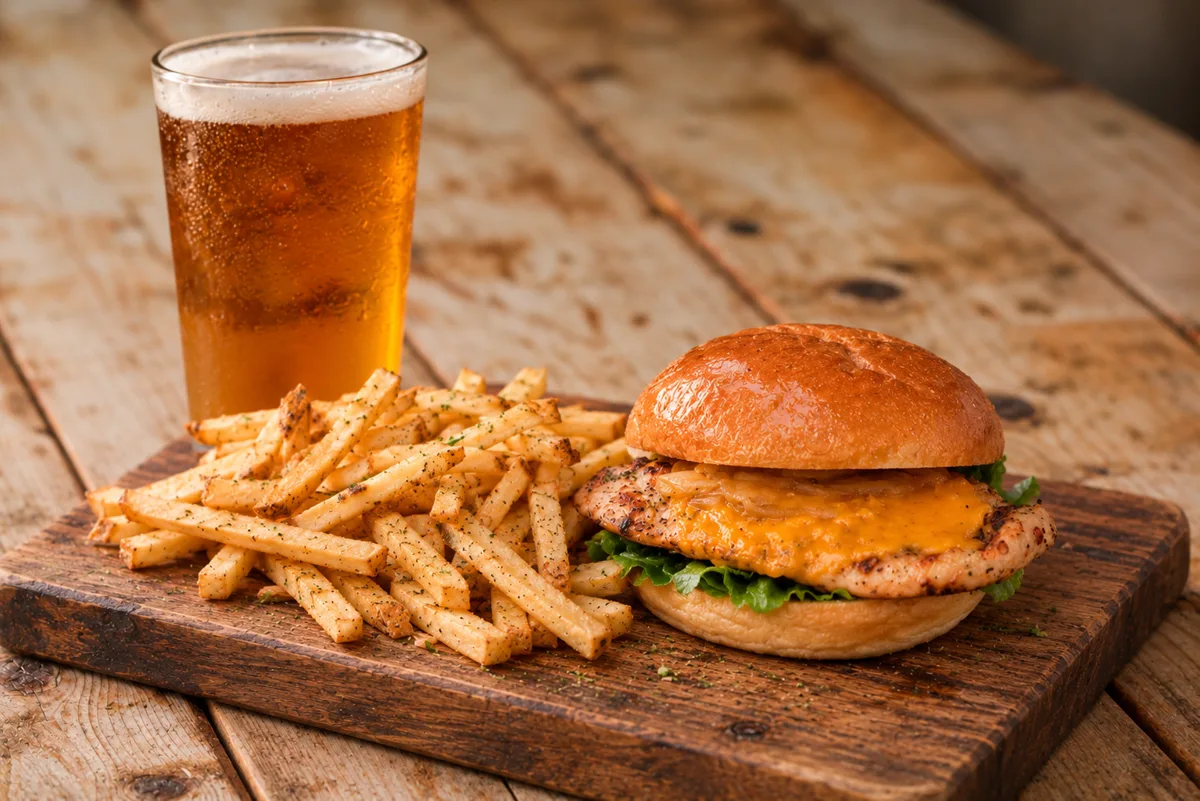 Chicken sandwich with fries on a wooden board